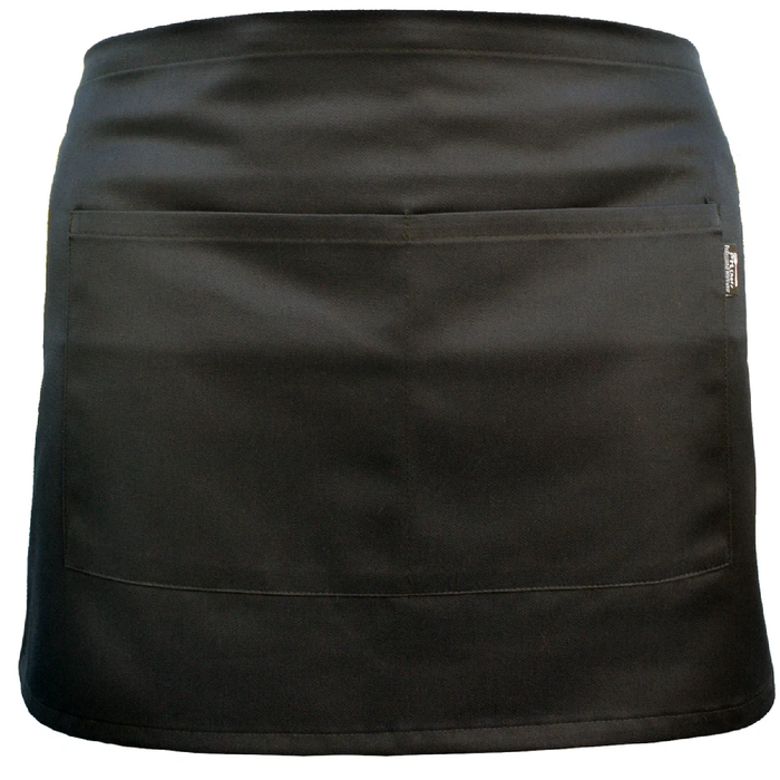 Black waist apron with pockets on a white background