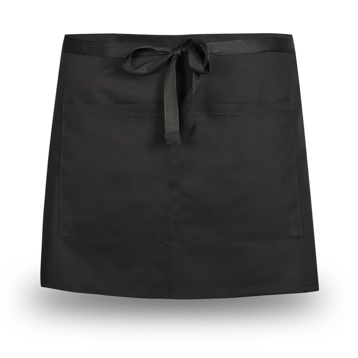 Black waist apron with pockets on a white background
