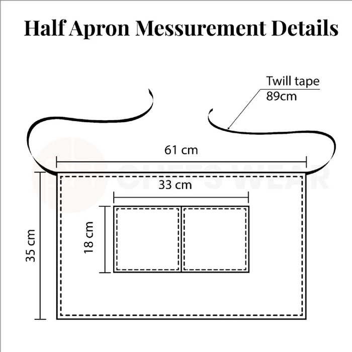 Measurement details of a half apron with dimensions labeled.
