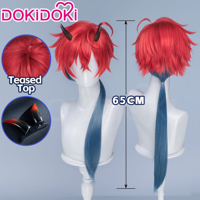 【Ready For Ship】DokiDoki Anime Cosmic Princess Kaguya! Cosplay Akira Mikado Wig / Horns Long Red Green Braid Hair