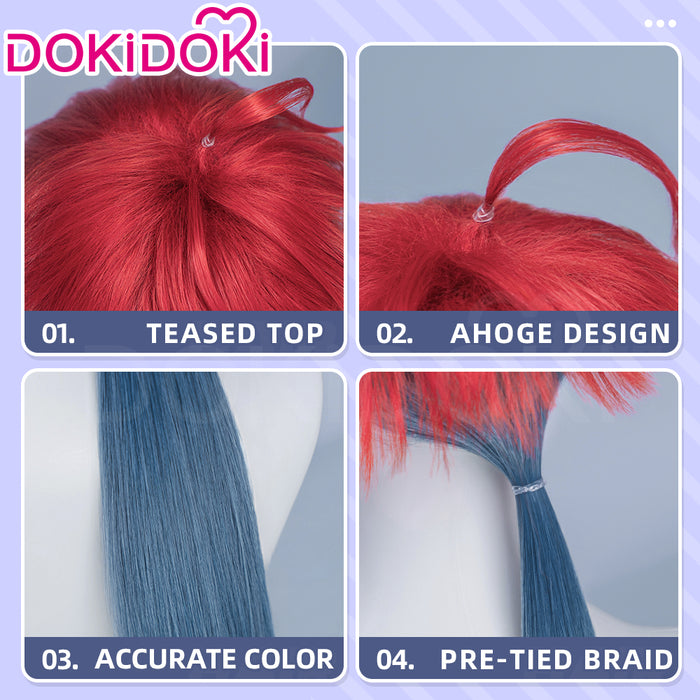 【Ready For Ship】DokiDoki Anime Cosmic Princess Kaguya! Cosplay Akira Mikado Wig / Horns Long Red Green Braid Hair