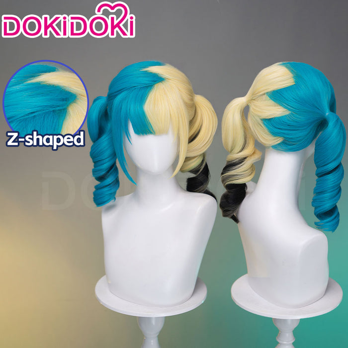 【Ready For Ship】DokiDoki Game Cosplay Trainer Wig Long Curly Blue Blonde Black Highlight Hair Pigtails Z-Shaped
