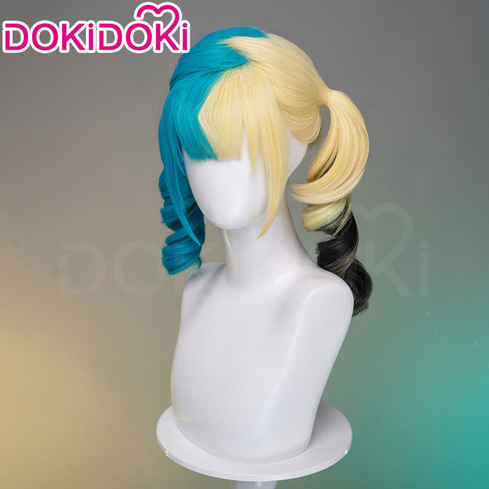 【Ready For Ship】DokiDoki Game Cosplay Trainer Wig Long Curly Blue Blonde Black Highlight Hair Pigtails Z-Shaped