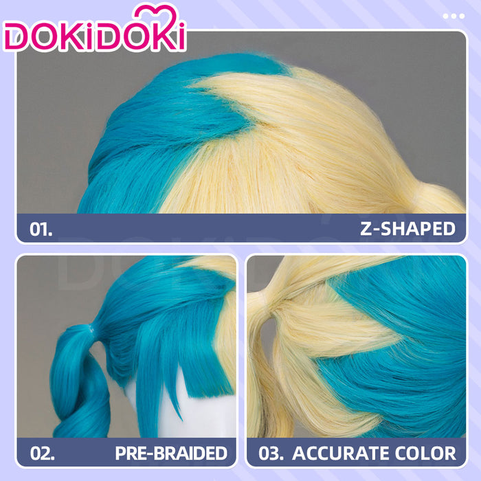 【Ready For Ship】DokiDoki Game Cosplay Trainer Wig Long Curly Blue Blonde Black Highlight Hair Pigtails Z-Shaped