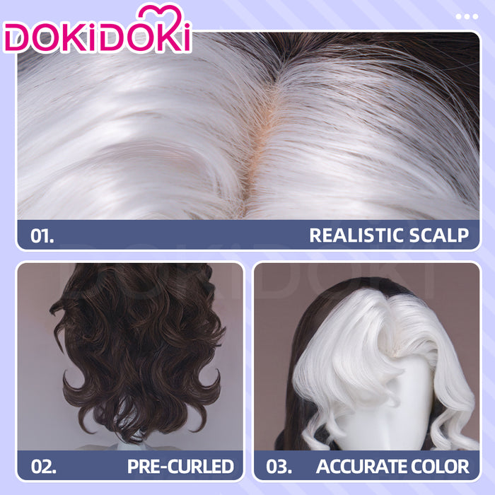 【Ready For Ship】Dokidoki Game Cosplay Wig Long Curly Dark Brown White Highlight Hair