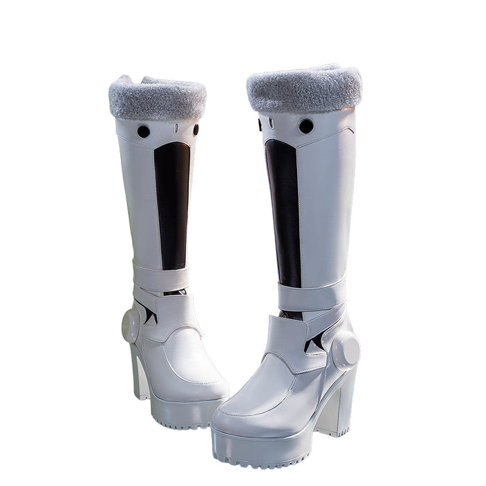 【Ready For Ship】【Upgraded Version】DokiDoki Anime Game Cosplay White Black Shoes Grey Fur Boots High Heels