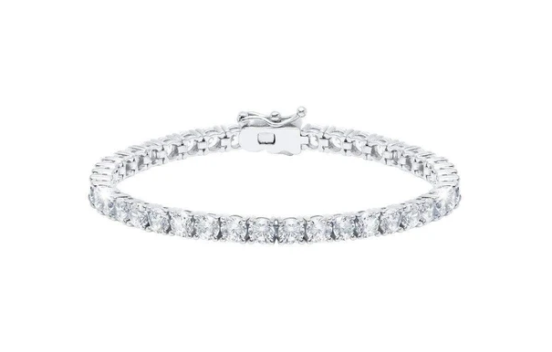 A round tennis bracelet featuring a series of graduated cubic zirconia stones, with a platinum hypoallergenic finish.