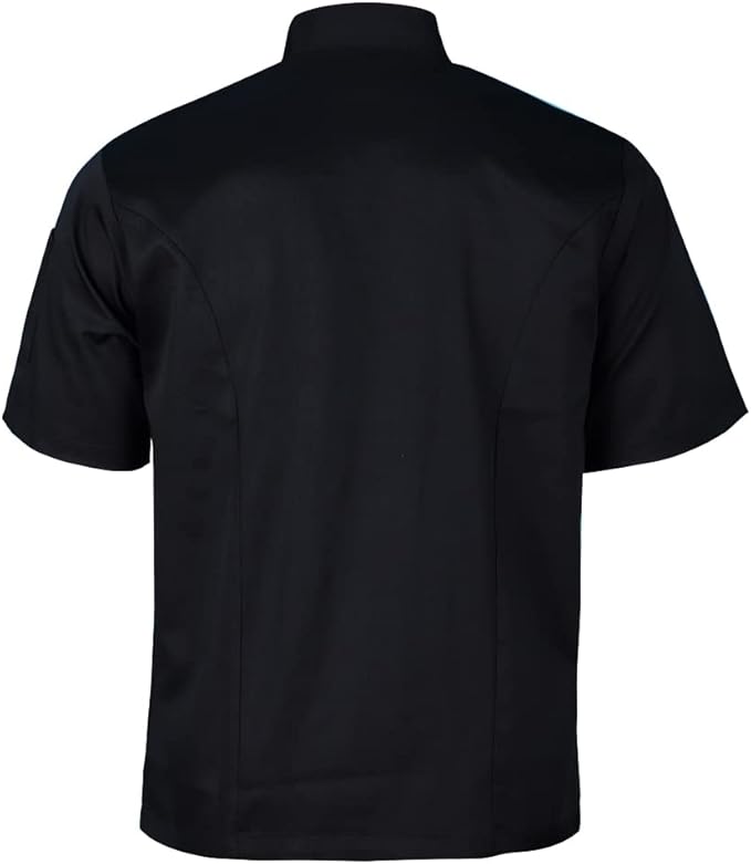 Black short-sleeve hidden button shirt backside on a white background