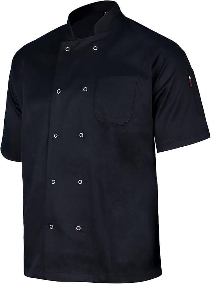 Black short sleeve chef's jacket close look