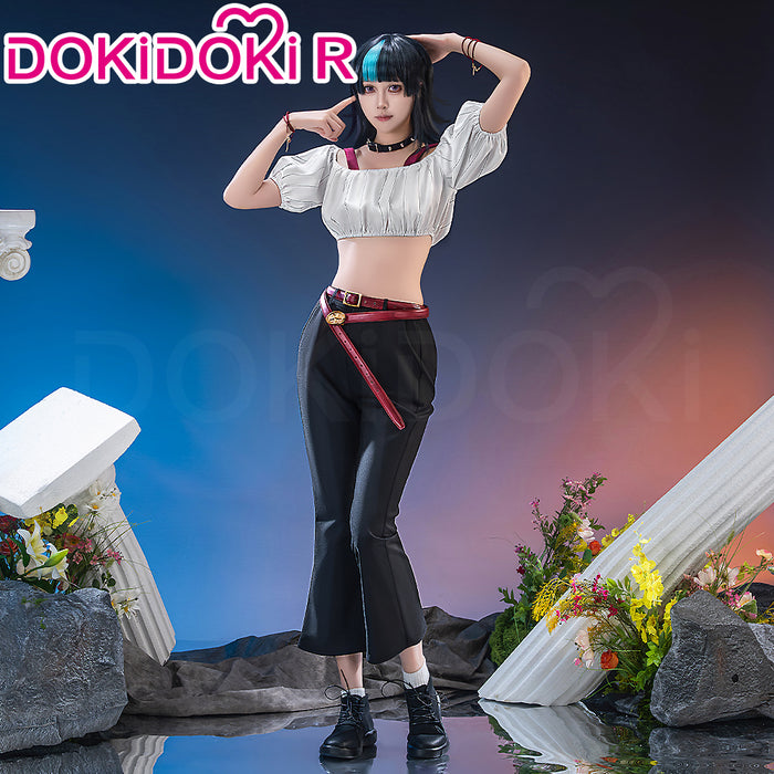 【Size S-2XL】Dokidoki-R Anime Cosplay Costume White Off-Shoulder Crop Top Black Jeans