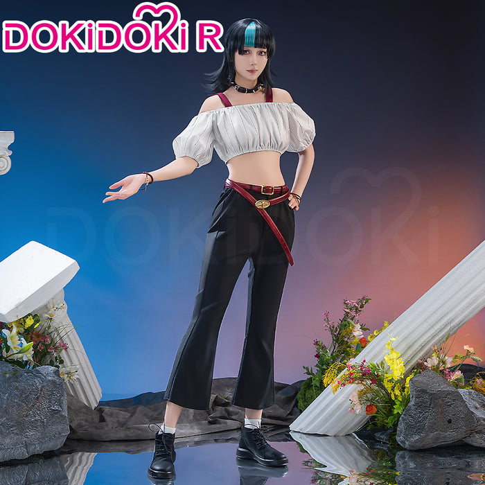 【Size S-2XL】Dokidoki-R Anime Cosplay Costume White Off-Shoulder Crop Top Black Jeans
