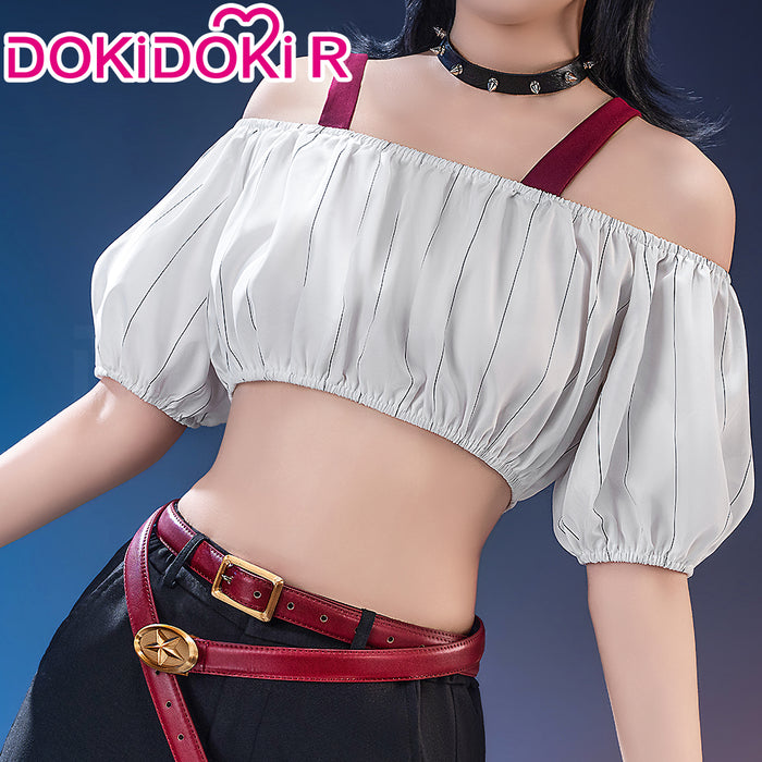 【Size S-2XL】Dokidoki-R Anime Cosplay Costume White Off-Shoulder Crop Top Black Jeans