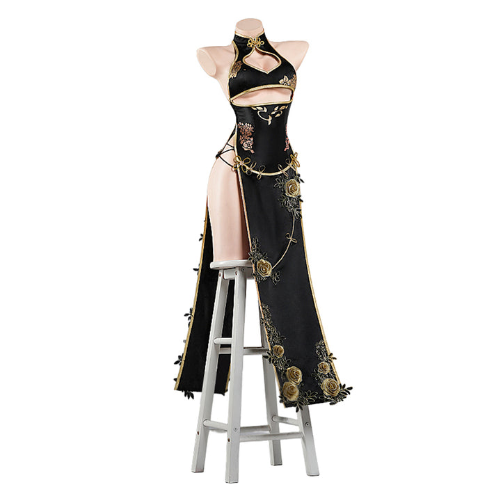 【Size S-2XL】DokiDoki-R Game Cosplay Costume Black Golden Peony Cheongsam King of Flowers Qipao