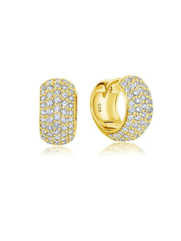 A pair of gold-colored pave huggie earrings adorned with cubic zirconia stones.