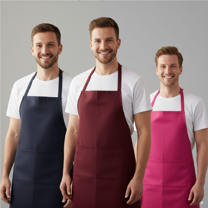 Three men wearing aprons in black, red, and pink on a gray background