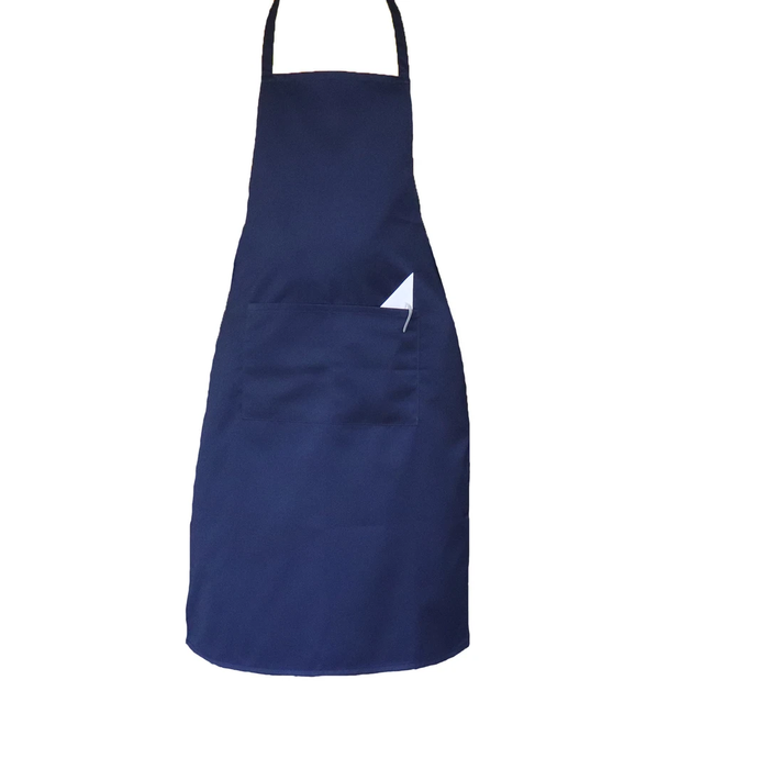 Navy blue apron with a pocket on a white background