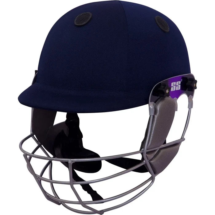 Navy blue cricket helmet with a face guard on a white background