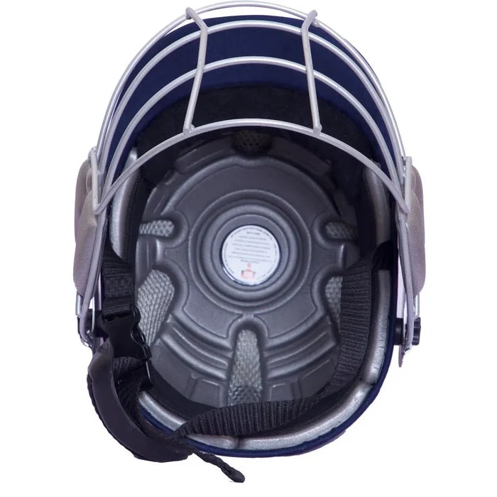 Close-up of a helmet interior with a white frame and black padding on a white background