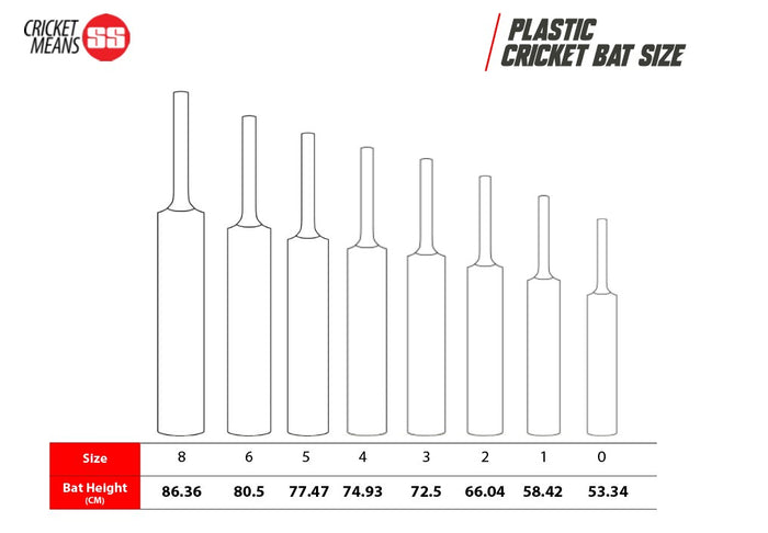 Diagram of plastic cricket bat sizes with measurements on a white background