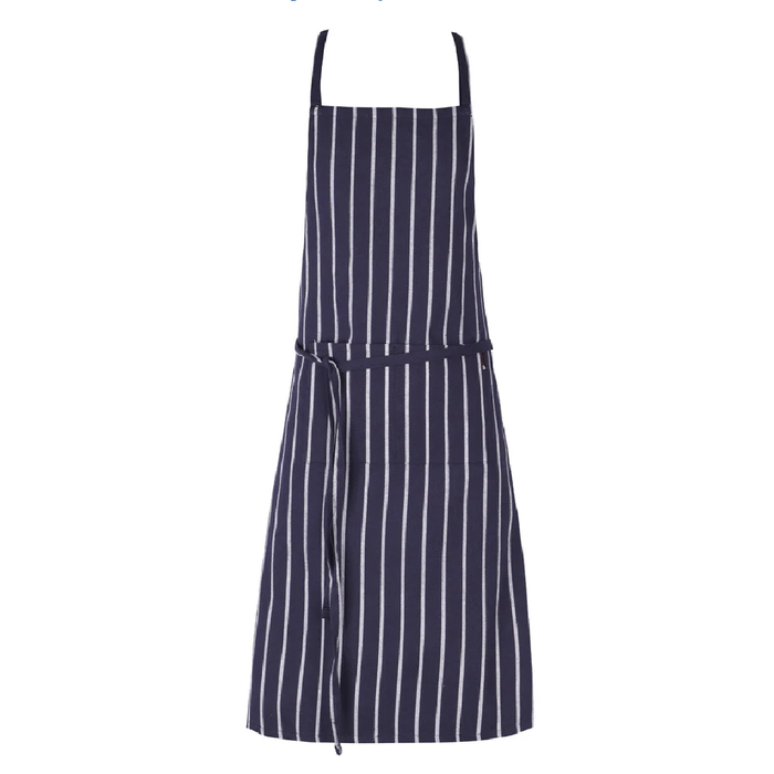 Navy and white striped bib apron on a white background
