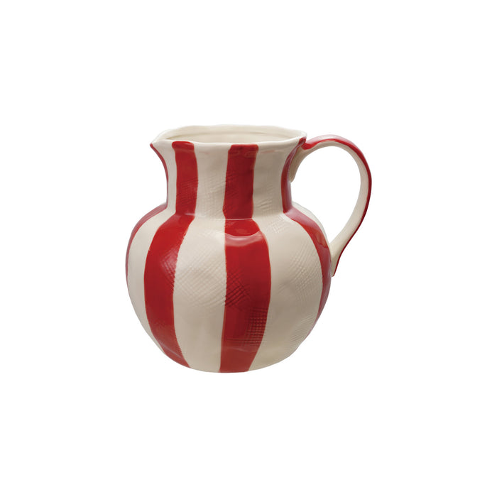 3-1/2 Quart Hand-Painted Stoneware Striped Pitcher with Linen Texture