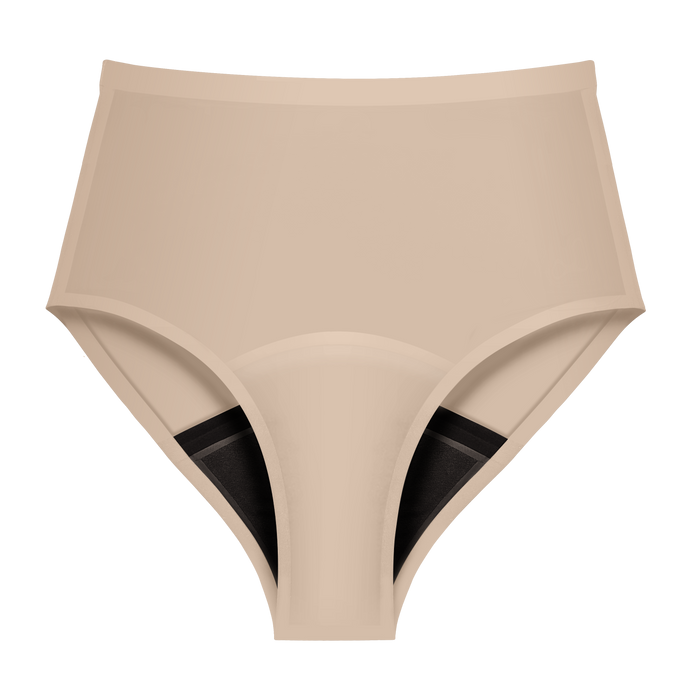 Beige high-waisted underwear with black mesh panels on a white background