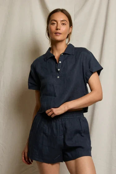Tabitha Linen Collared Polo Tee-Navy