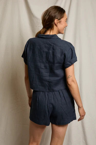 Tabitha Linen Collared Polo Tee-Navy