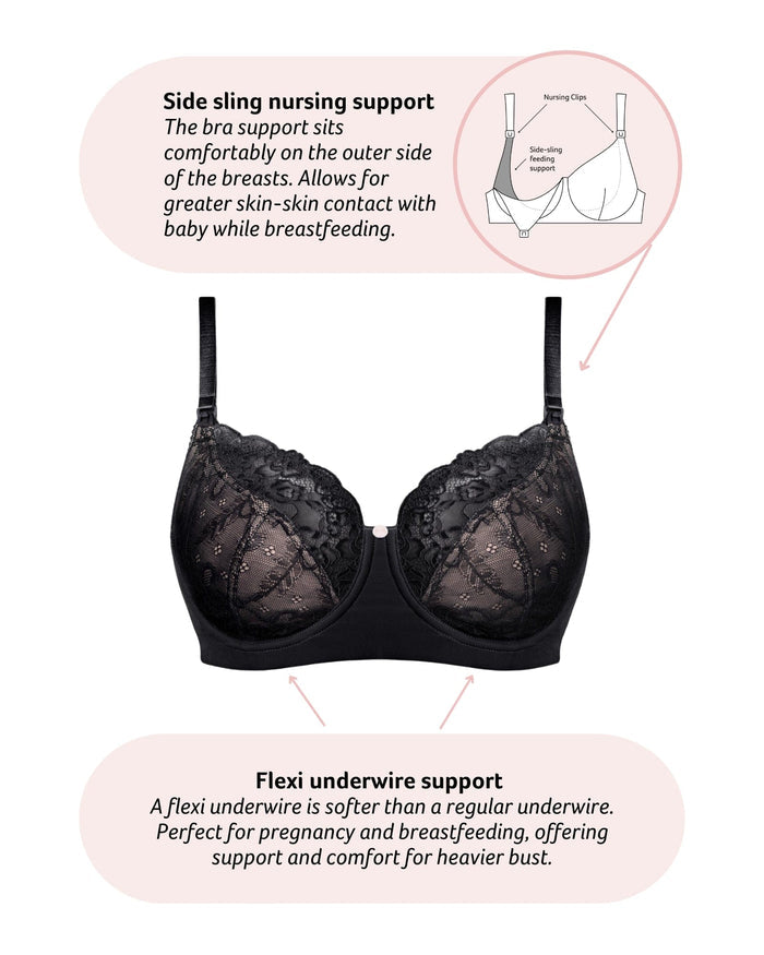 Features of Temptation Nursing Bra with Flexi underwire in BlackStraps worn regular on Temptation Nursing Bra with Flexi underwire in Black