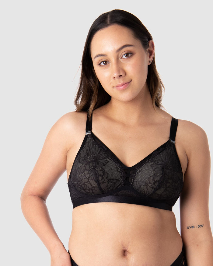 True Luxe Multifit Nursing Bra Black — close-up of lace cup and nursing clip — Hotmilk Lingerie