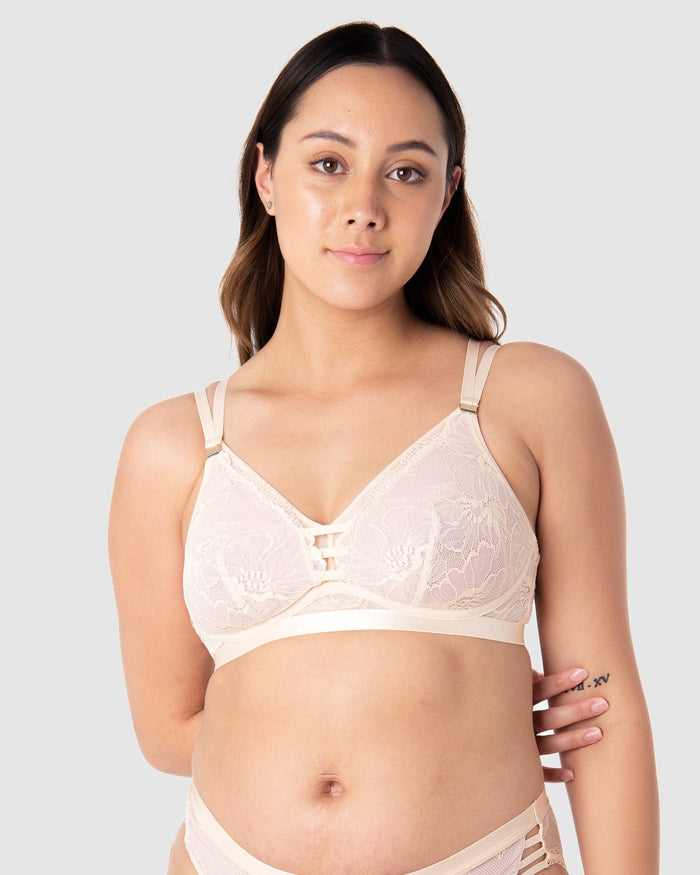 True Luxe Multifit Nursing Bra in Cameo — wirefree lace cup, matches True Luxe brief — Hotmilk Lingerie