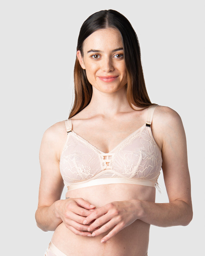 True Luxe Multifit Nursing Bra Cameo — side view, wirefree lace nursing bra — Hotmilk Lingerie