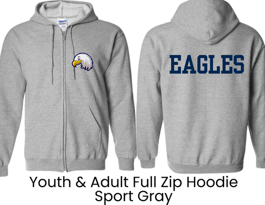UES Underwood Elementary School Full Zip Hoodie Eagle Head Sport Gray - Youth & Adult