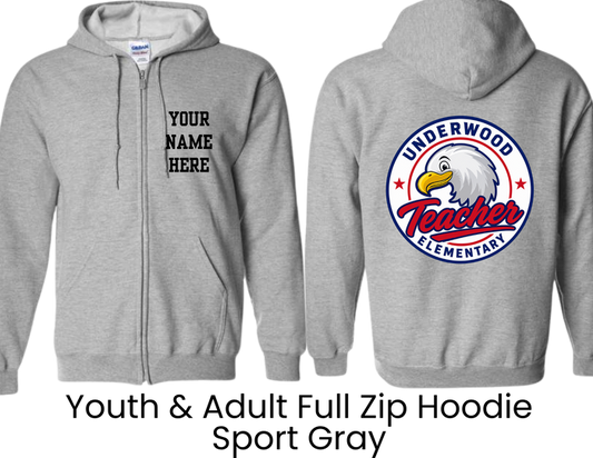 UES Underwood Elementary School Full Zip Hoodie Teacher Sport Gray - Youth & Adult