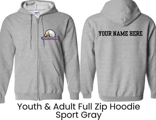 UES Underwood Elementary School Full Zip Hoodie Underwood Eagle Logo Sport Gray - Youth & Adult