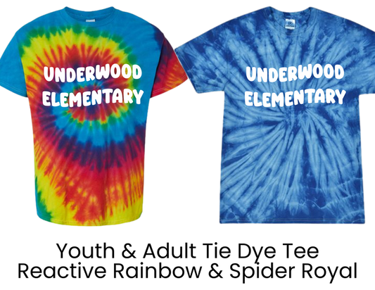UES Underwood Elementary School Tie Dye Tee Shirt White Text - Youth & Adult