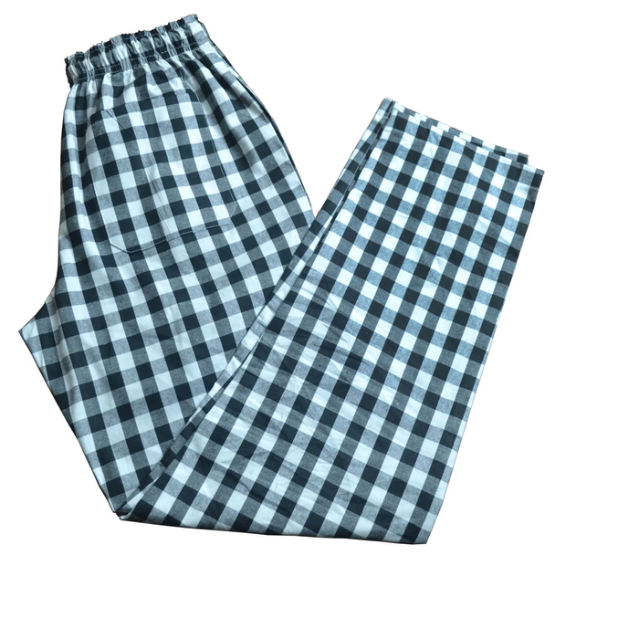 Blue and white checkered pants on a white background