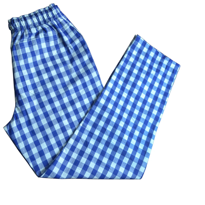 Blue and white checkered pants on a white background