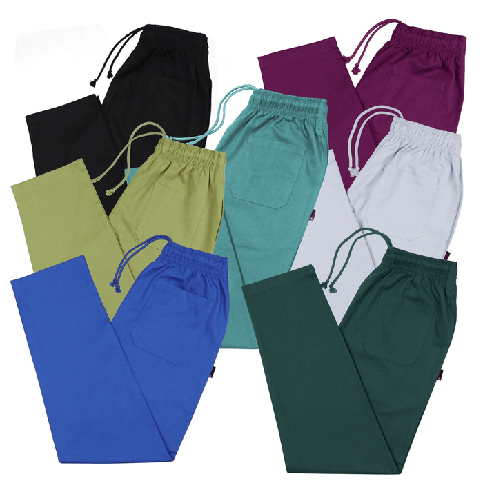Collection of colorful drawstring medical scrub trouser on a white background