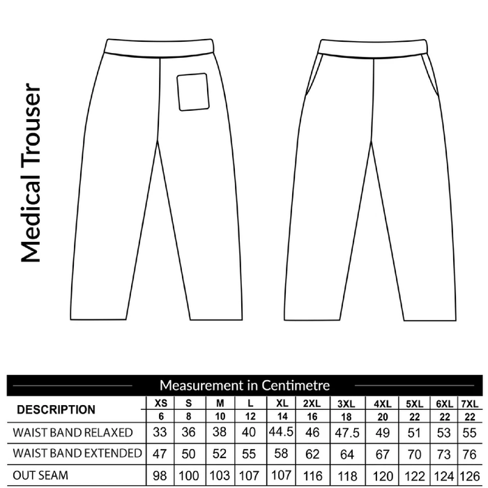 Line drawing of medical trousers with a measurement chart below.