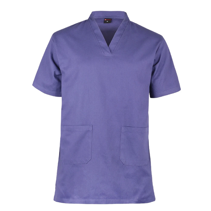 Purple scrub top with a V-neck and two front pockets on a white background