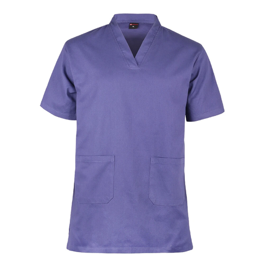 Purple scrub top with a V-neck and two front pockets on a white background