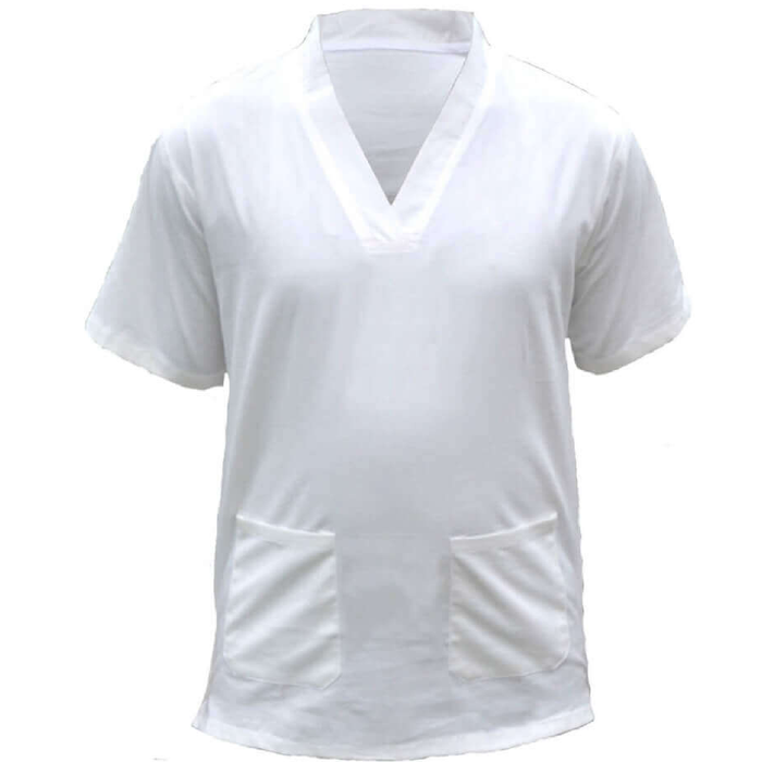 White t-shirt with V-neck and short sleeves on a white background