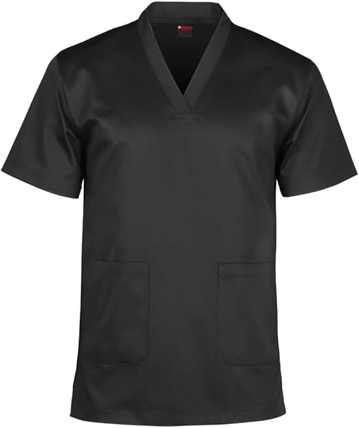 Black scrub top with V-neck and short sleeves on a white background