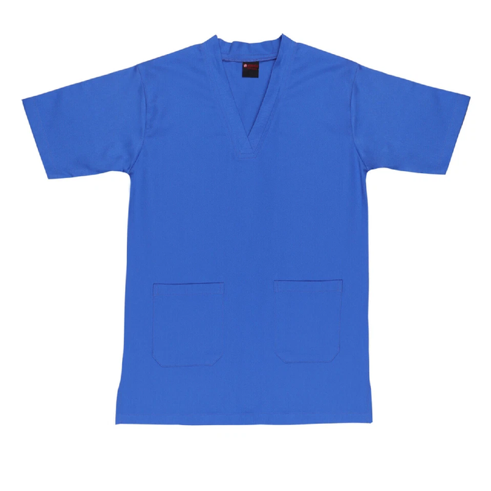 Blue scrub top with two pockets on a white background