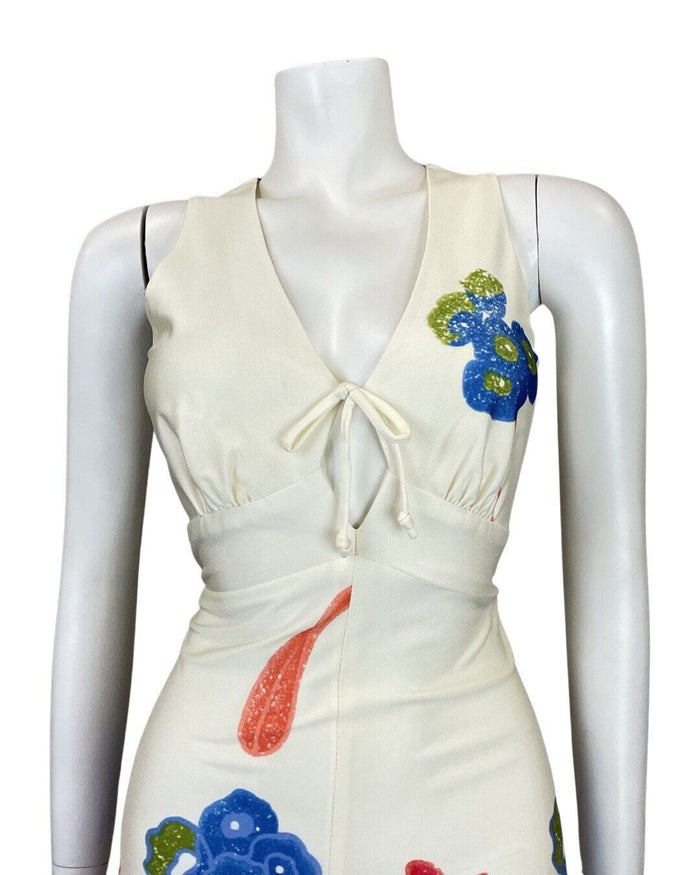VINTAGE 70s CREAM RED BLUE HAWAIIAN FLORAL HONOLULU SUMMER SWING DRESS 8 10