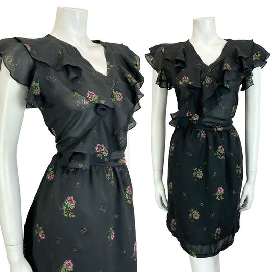 VTG 60S 70S BLACK PURPLE GREEN GOLD FLORAL RUFFLE ELASTICATED BLOUSON DRESS 10
