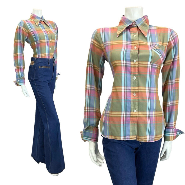 VTG 60S 70S GREEN PINK BLUE YELLOW WHITE PLAID CHECKED DAGGER FOLK SHIRT 14