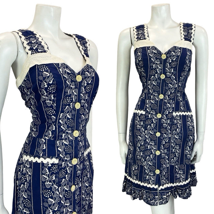 VTG 60S 70S NAVY BLUE WHITE PRAIRIE COTTAGE VINE STRAPPY RUFFLE SUN DRESS 10