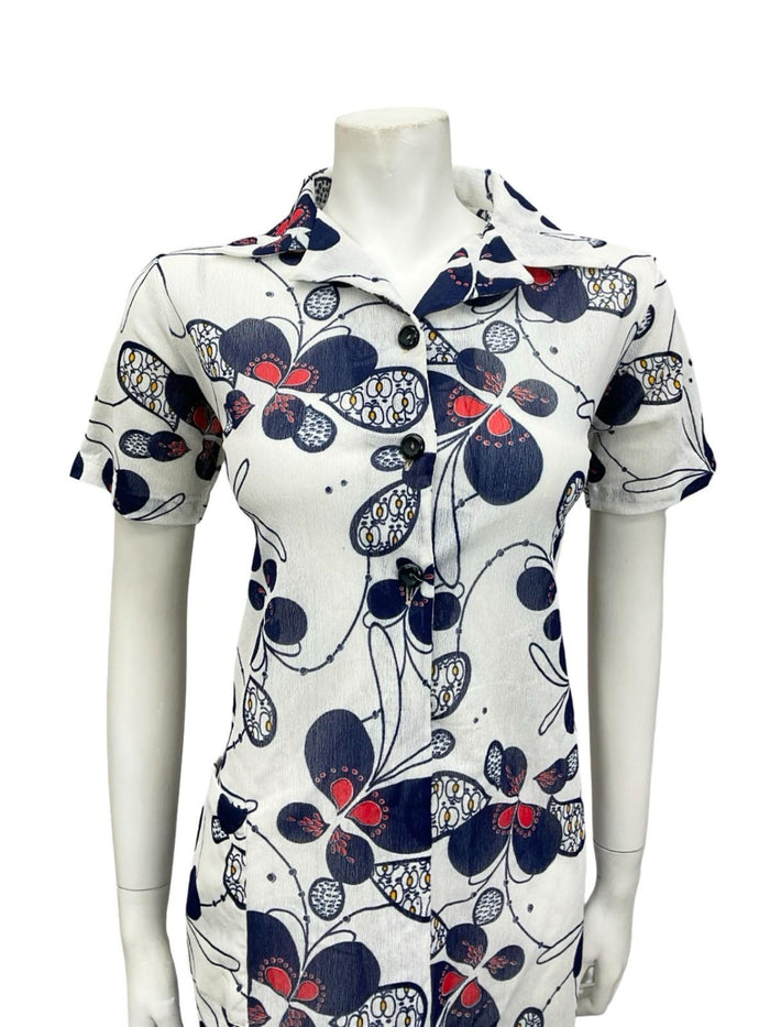 VTG 60S JAPANESE WHITE RED NAVY BLUE PSYCHEDELIC SHIRT SHIFT DRESS 12